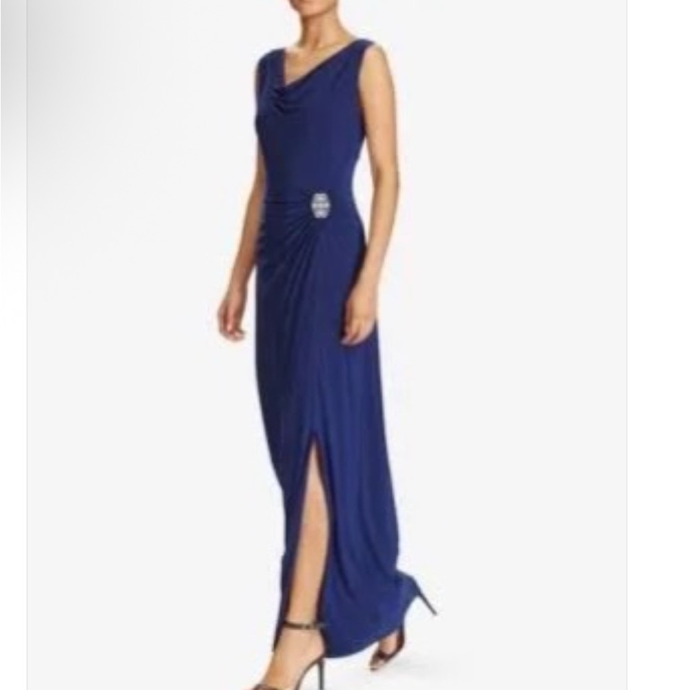 Lauren Ralph Lauren Sleeveless Stretch Jersey Cowell Neck Gown Sz 2 Cannes Blue